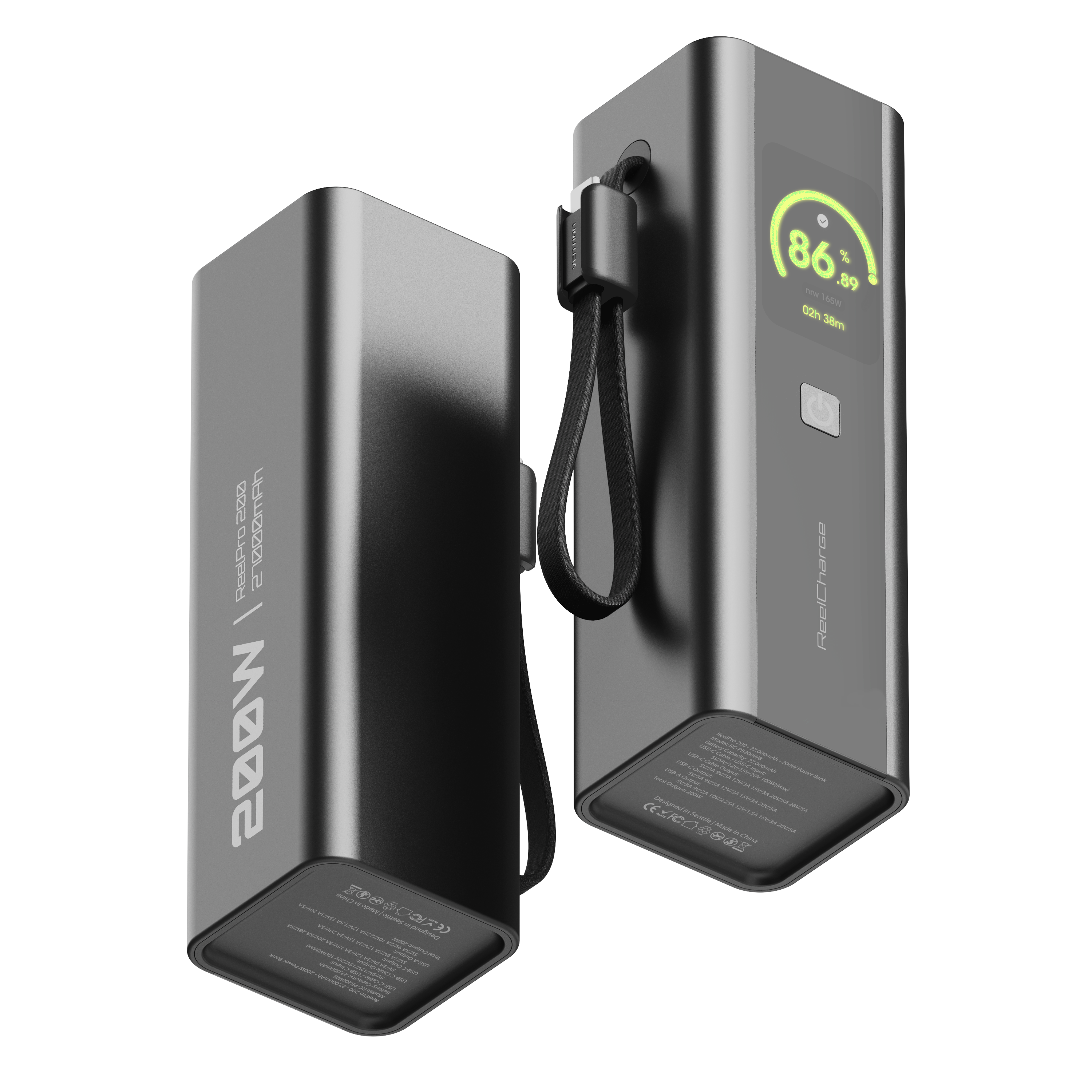 200W 27,000mAh Power Bank w/Integrated 140W USB-C Out Cable, Smart Display, USB-A & C Out