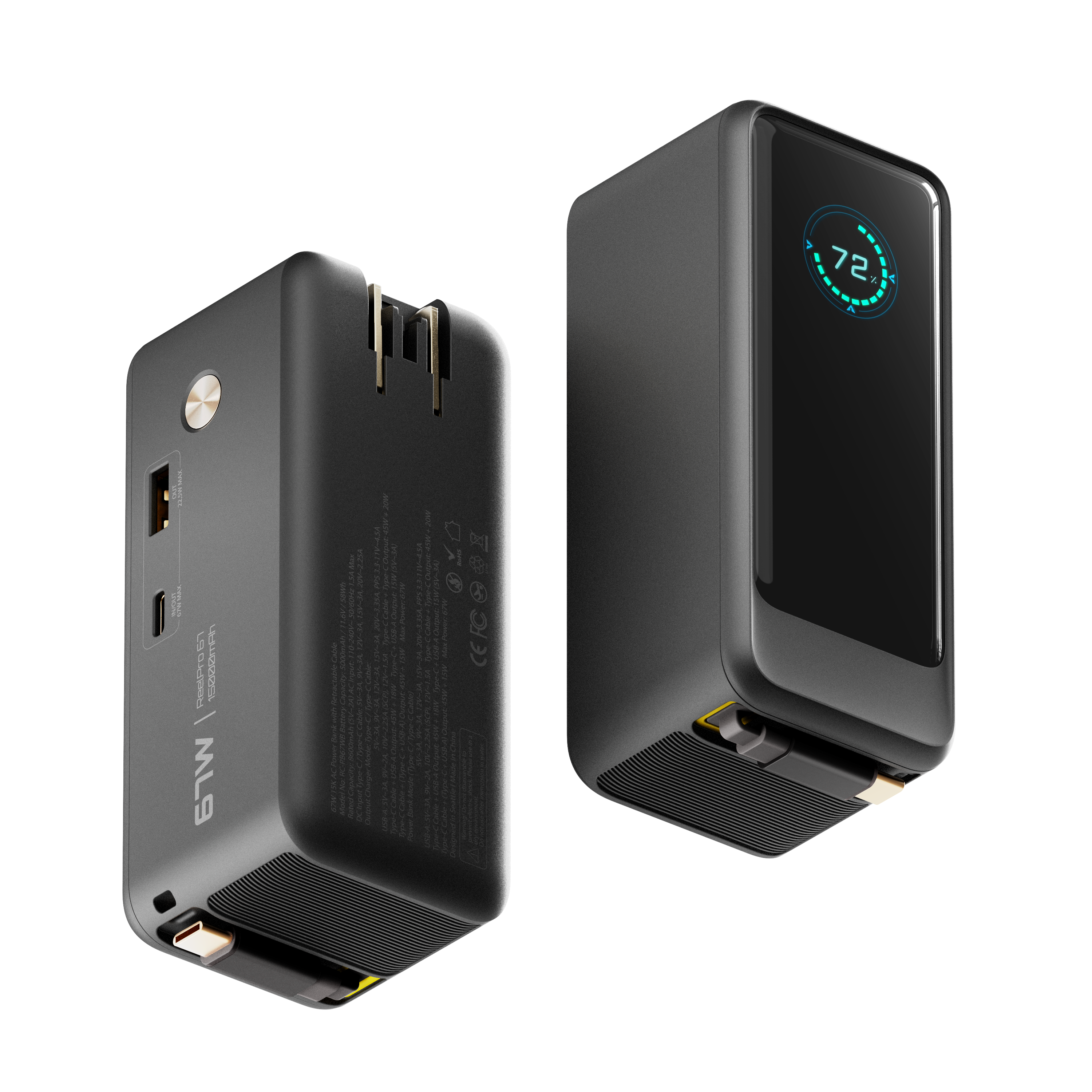 ReelPro 67W 15,000 mAh Power Bank w/ Retractable Cable, Folding prongs