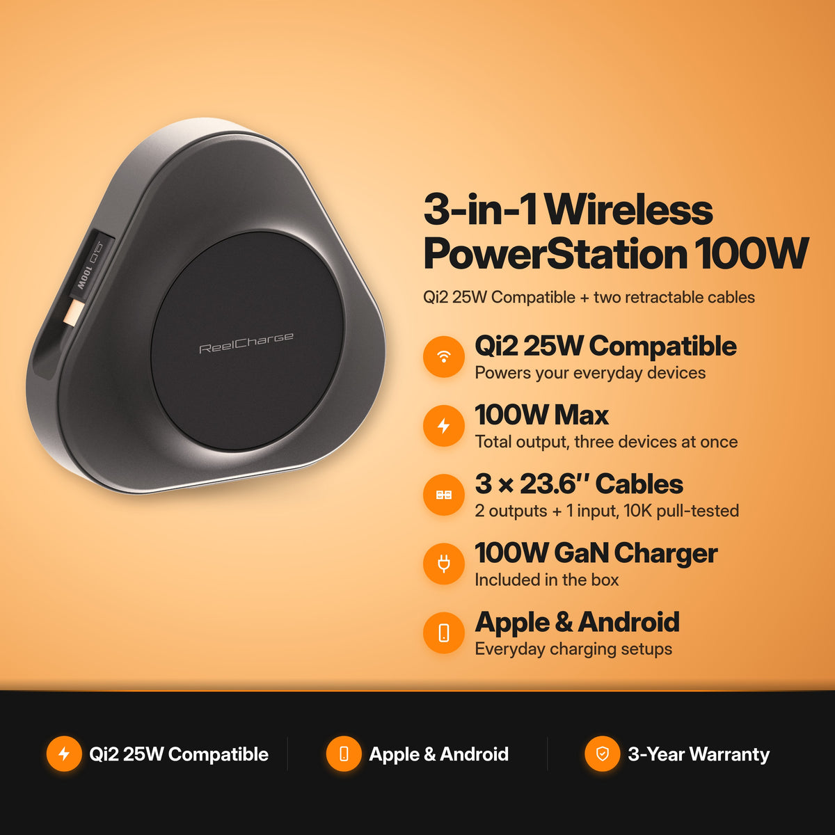ReelCharge 3-in-1 Wireless Charger 100W PowerStation in Black: key features infographic