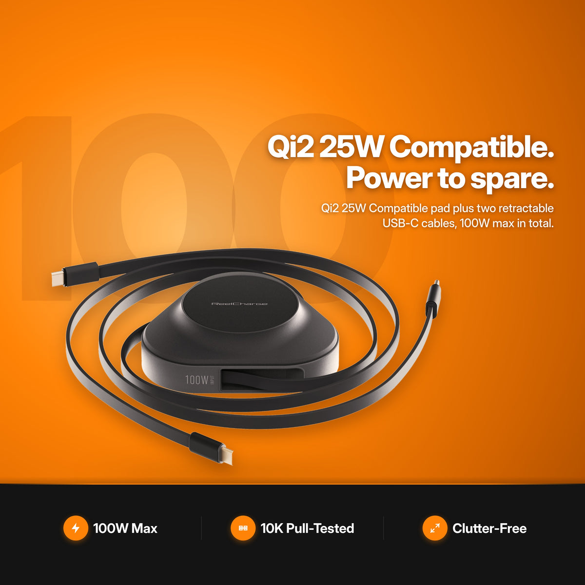 ReelCharge 3-in-1 Wireless Charger 100W PowerStation in Black: with two retractable USB-C cables, studio view