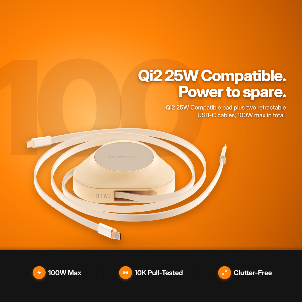 ReelCharge 3-in-1 Wireless Charger 100W PowerStation in Sand: with two retractable USB-C cables, studio view