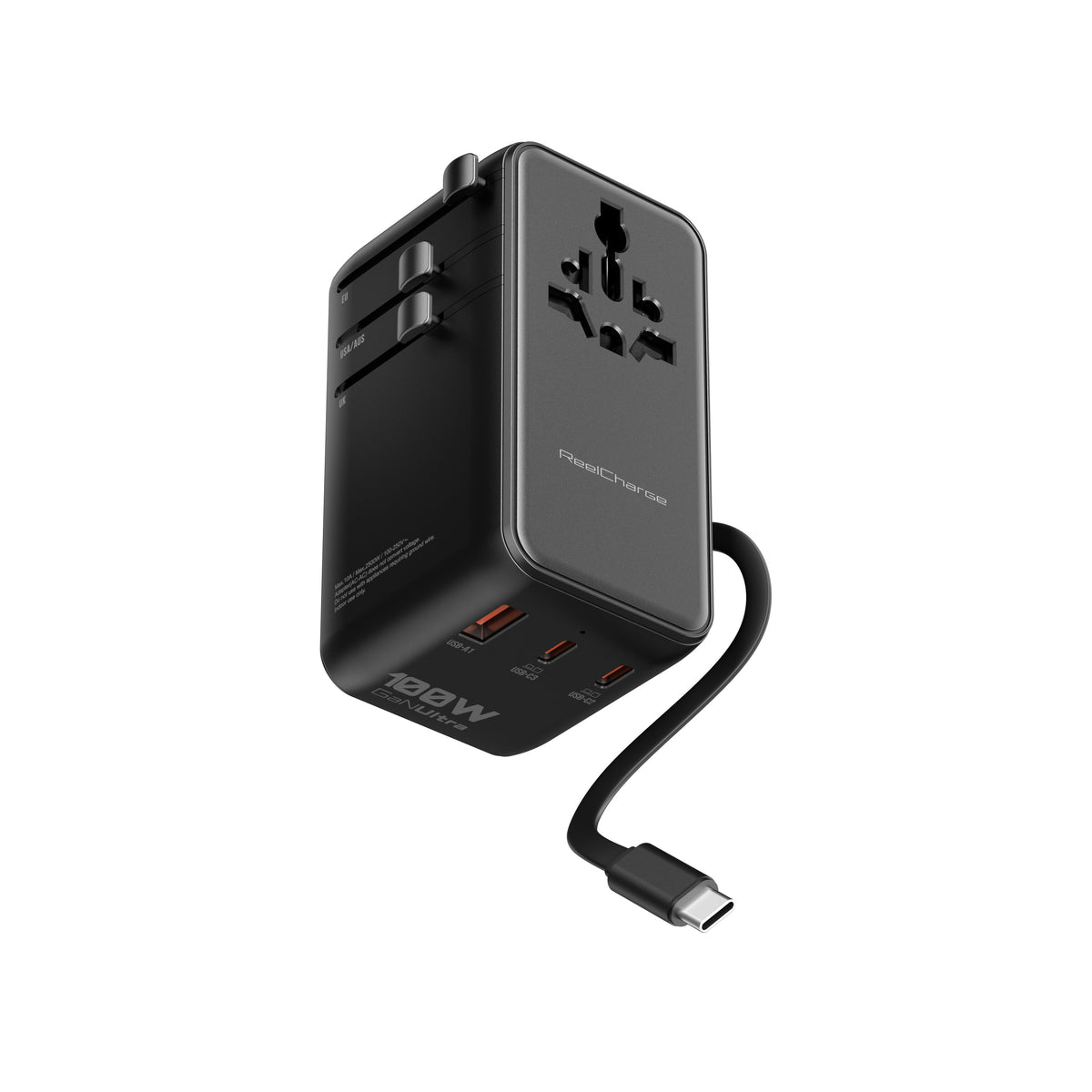 ReelCharge 100W Global Travel Charger with retractable USB-C cable extended
