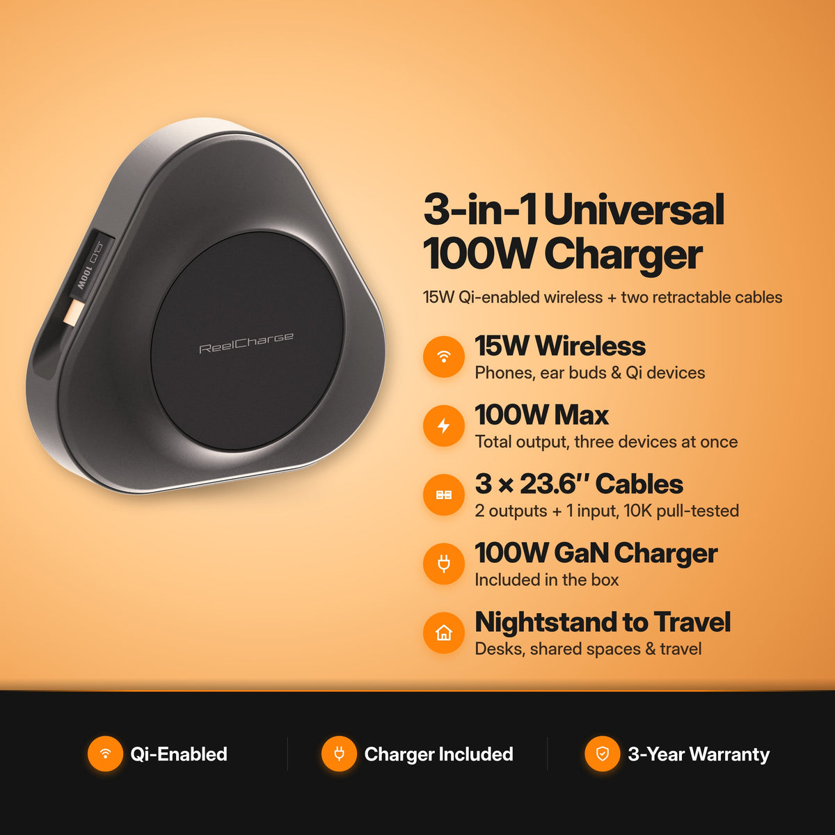 ReelCharge 3-in-1 Universal Wireless Charger 100W in Black: key features infographic