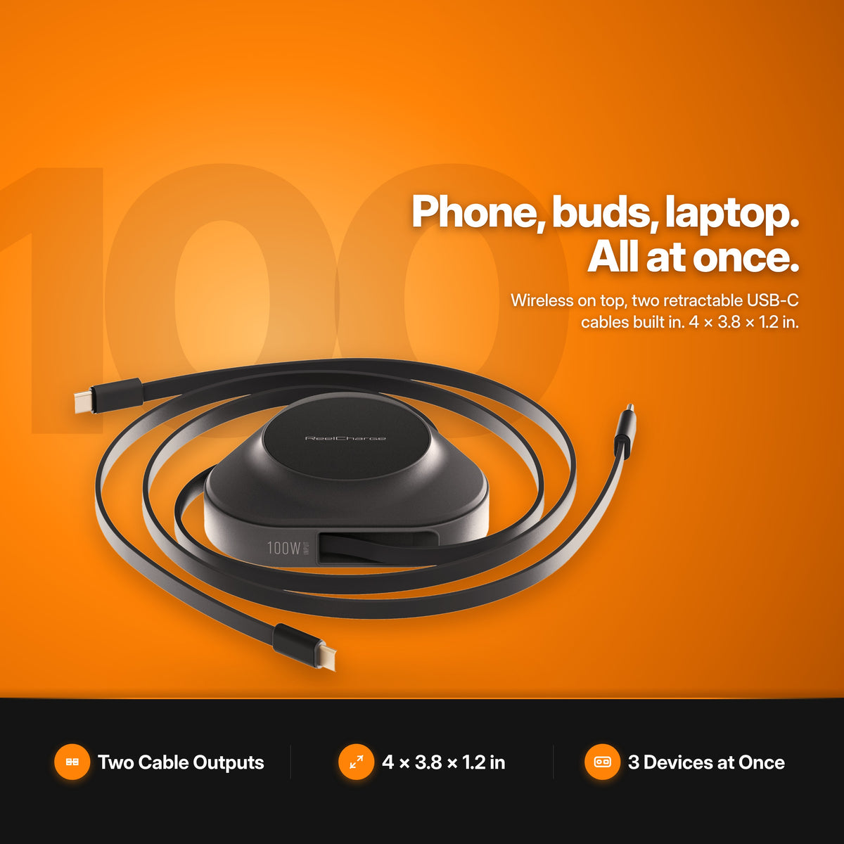ReelCharge 3-in-1 Universal Wireless Charger 100W in Black: with two retractable USB-C cables, studio view
