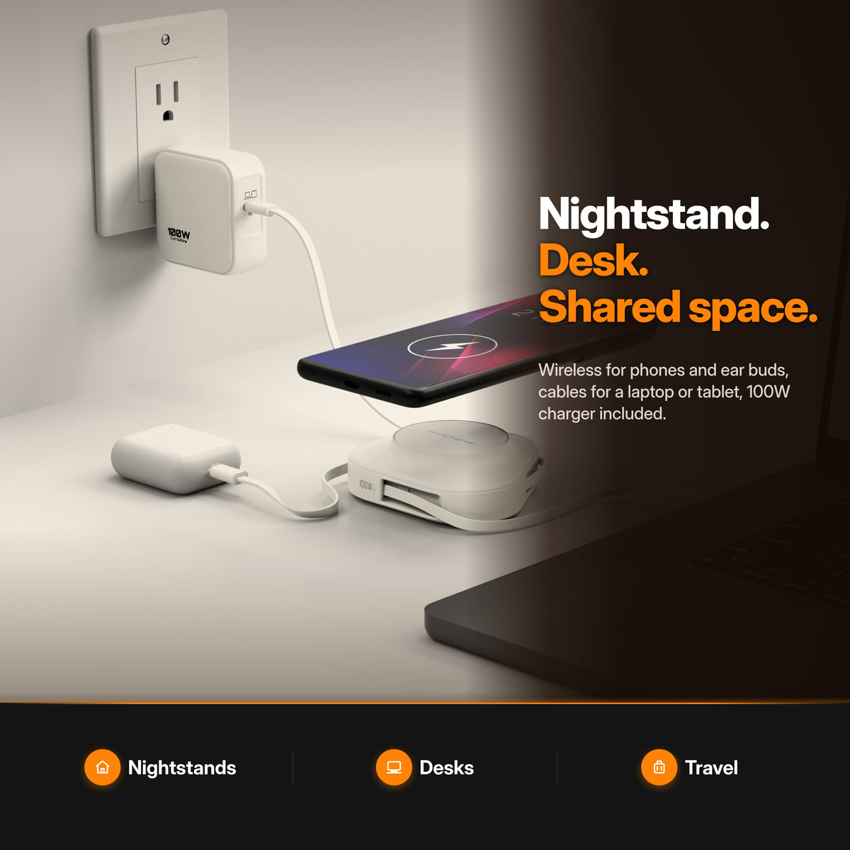 ReelCharge 3-in-1 Universal Wireless Charger 100W in White: lifestyle scene charging a phone, earbuds and laptop on a desk
