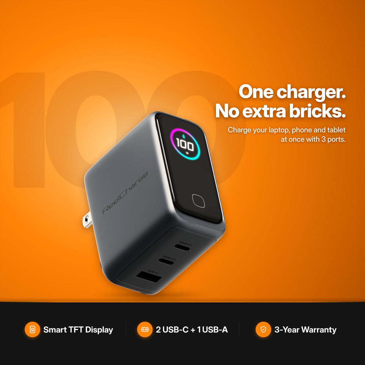 ReelCharge 100W 3-in-1 Laptop Charger studio shot — one charger, no extra bricks, charges laptop phone and tablet