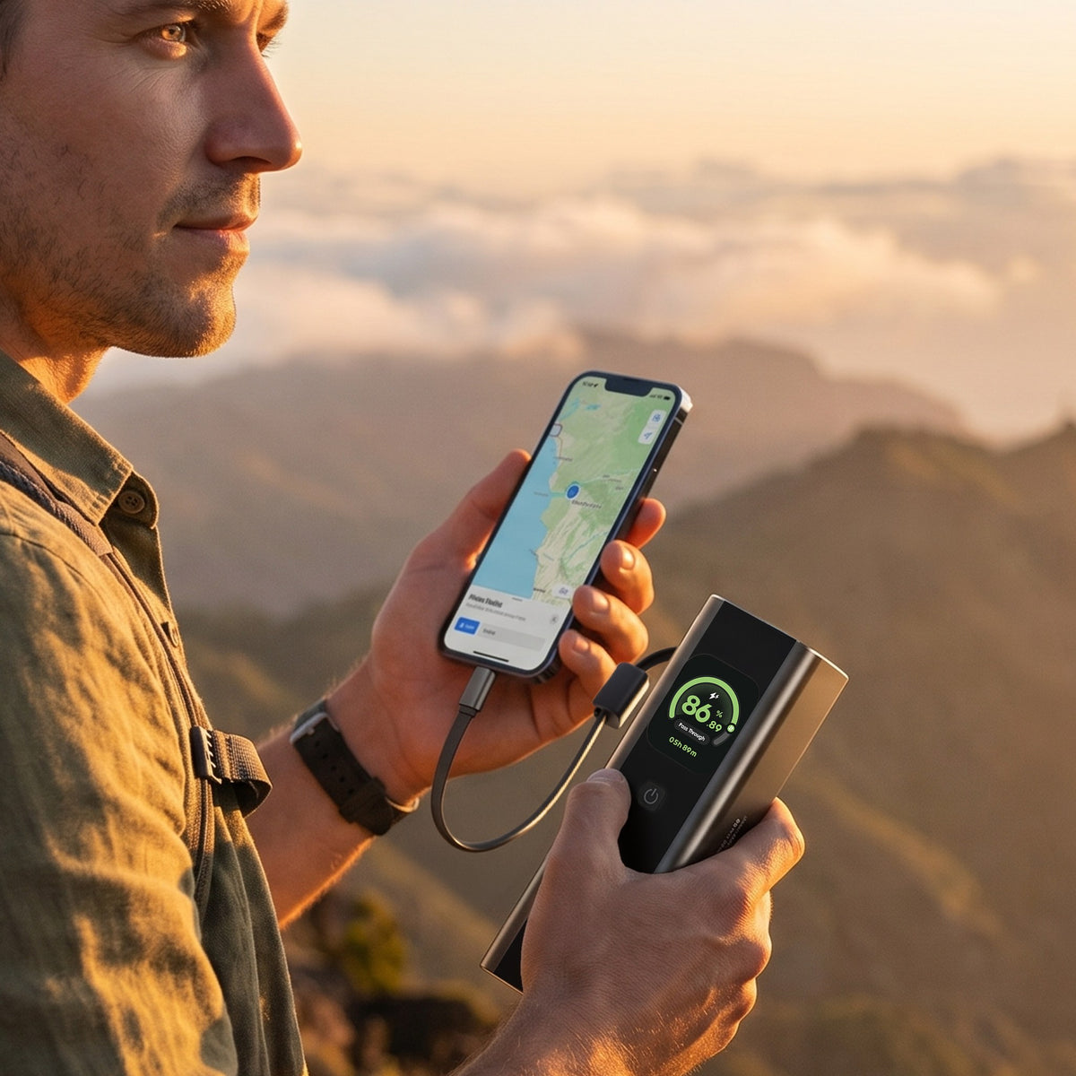 Hiker at sunset charging a phone from the ReelCharge ReelPro 165W 20,000 mAh Power Bank
