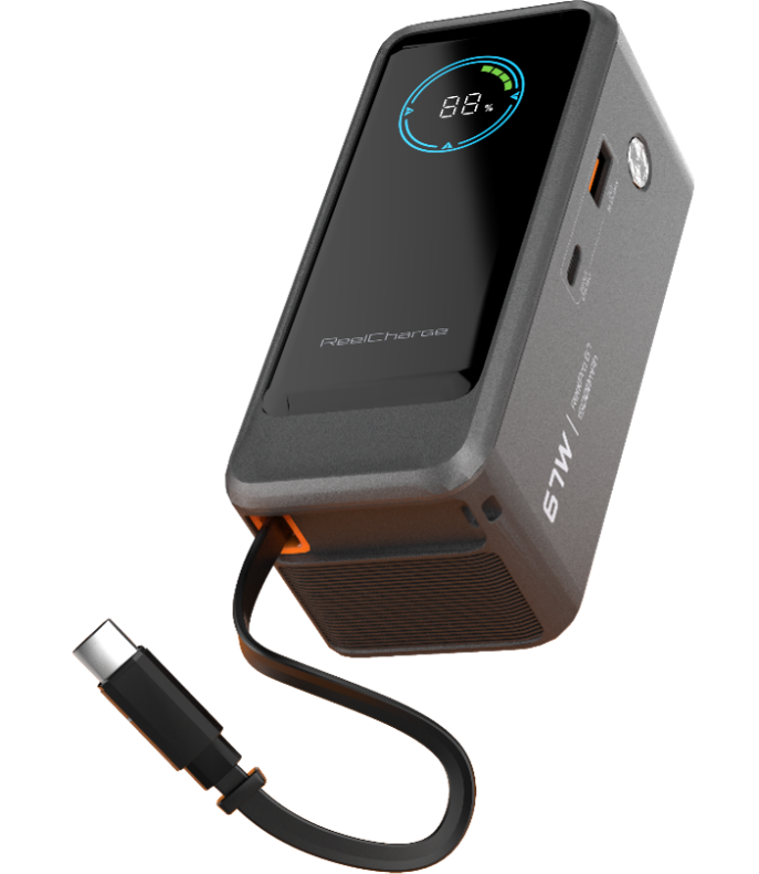 ReelPro 67W 15,000 mAh Power Bank w/ Retractable Cable, Folding prongs
