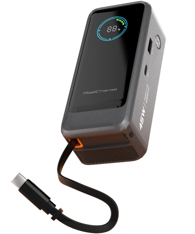 ReelPro 45W 10,000 mAh Power Bank w/ Retractable Cable, Folding prongs