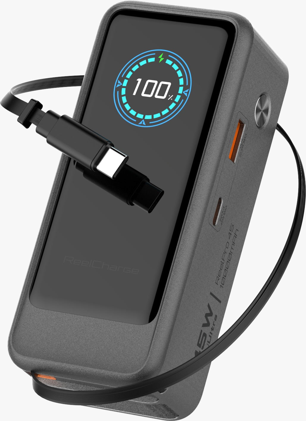 ReelPro 45W 10,000 mAh Power Bank w/ Retractable Cable, Folding prongs