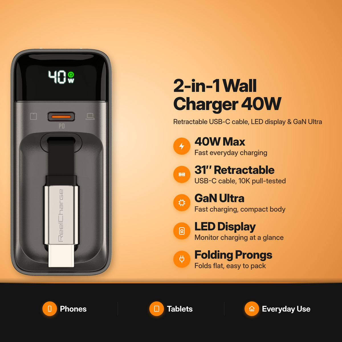 ReelCharge 40W 2-in-1 Wall Charger in Black key features: 40W max, 31" retractable USB-C cable, GaN Ultra, LED display, folding prongs