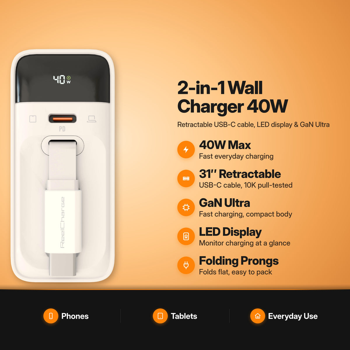 ReelCharge 40W 2-in-1 Wall Charger in White key features: 40W max, 31" retractable USB-C cable, GaN Ultra, LED display, folding prongs