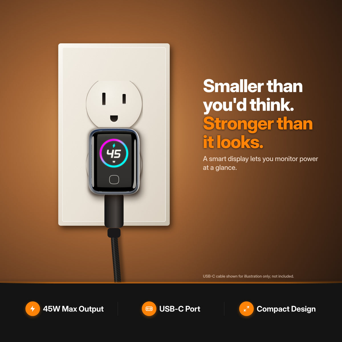 ReelCharge 45W charger plugged into a US wall outlet showing its compact size