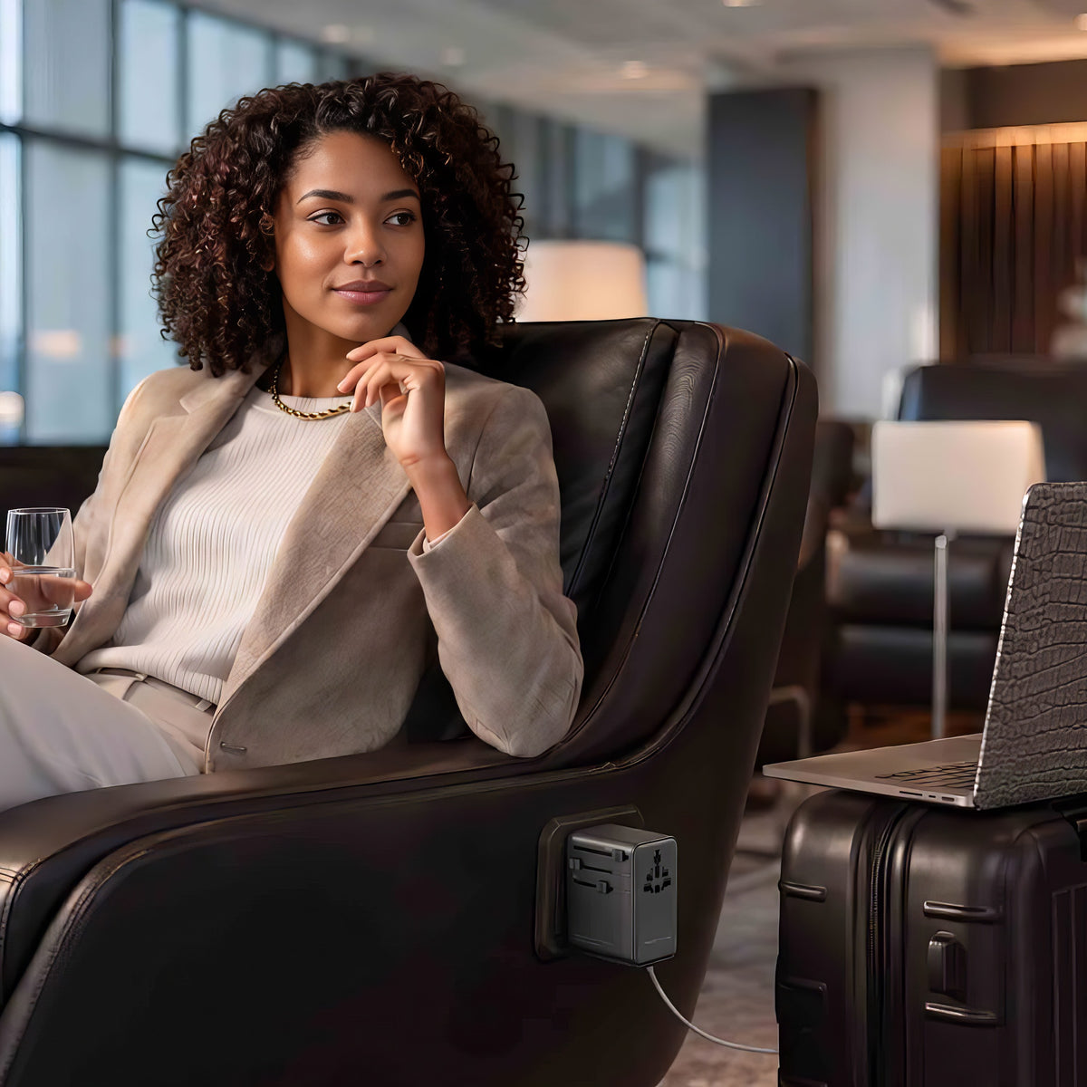 Traveler in an airport lounge with the ReelCharge 70W Global Travel Charger plugged into the seat outlet