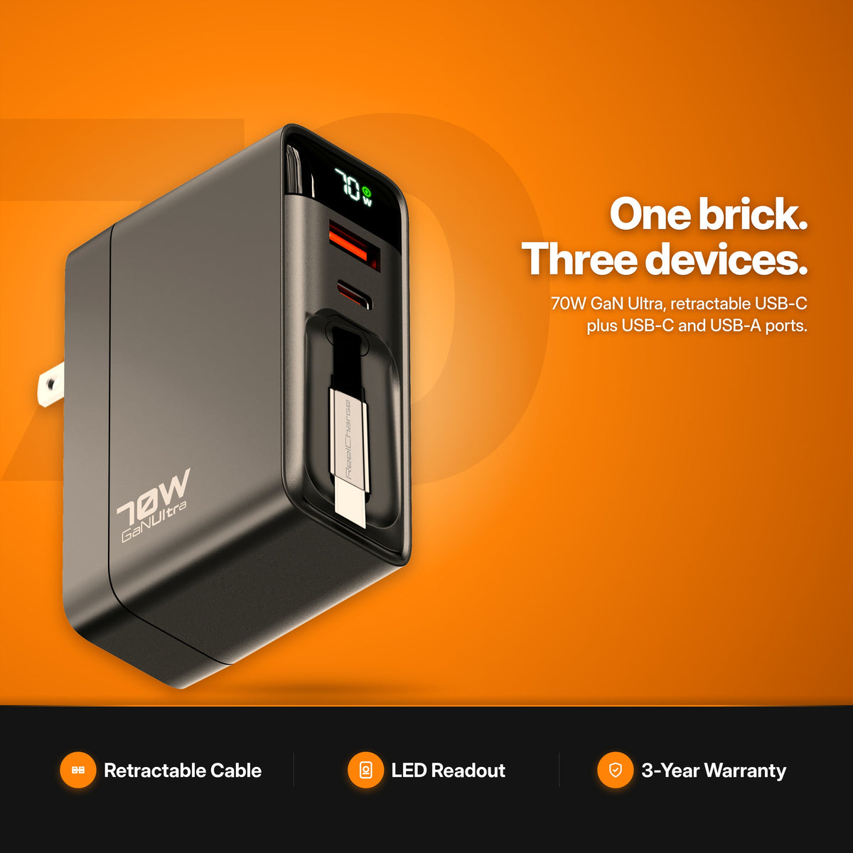 ReelCharge 70W 3-in-1 Wall Charger in Black studio shot — one brick, three devices with a built-in retractable USB-C cable plus USB-C and USB-A ports