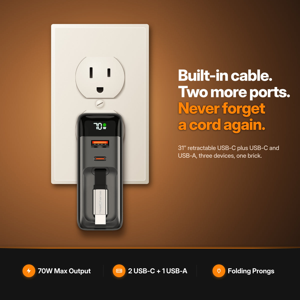 ReelCharge 70W 3-in-1 Wall Charger in Black plugged into a US wall outlet — built-in cable, two more ports, never forget a cord again