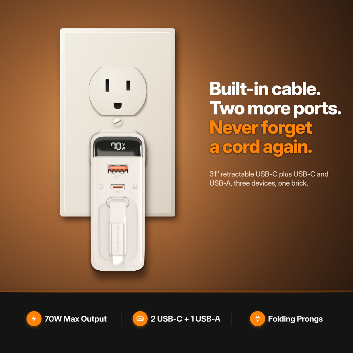 ReelCharge 70W 3-in-1 Wall Charger in White plugged into a US wall outlet — built-in cable, two more ports, never forget a cord again