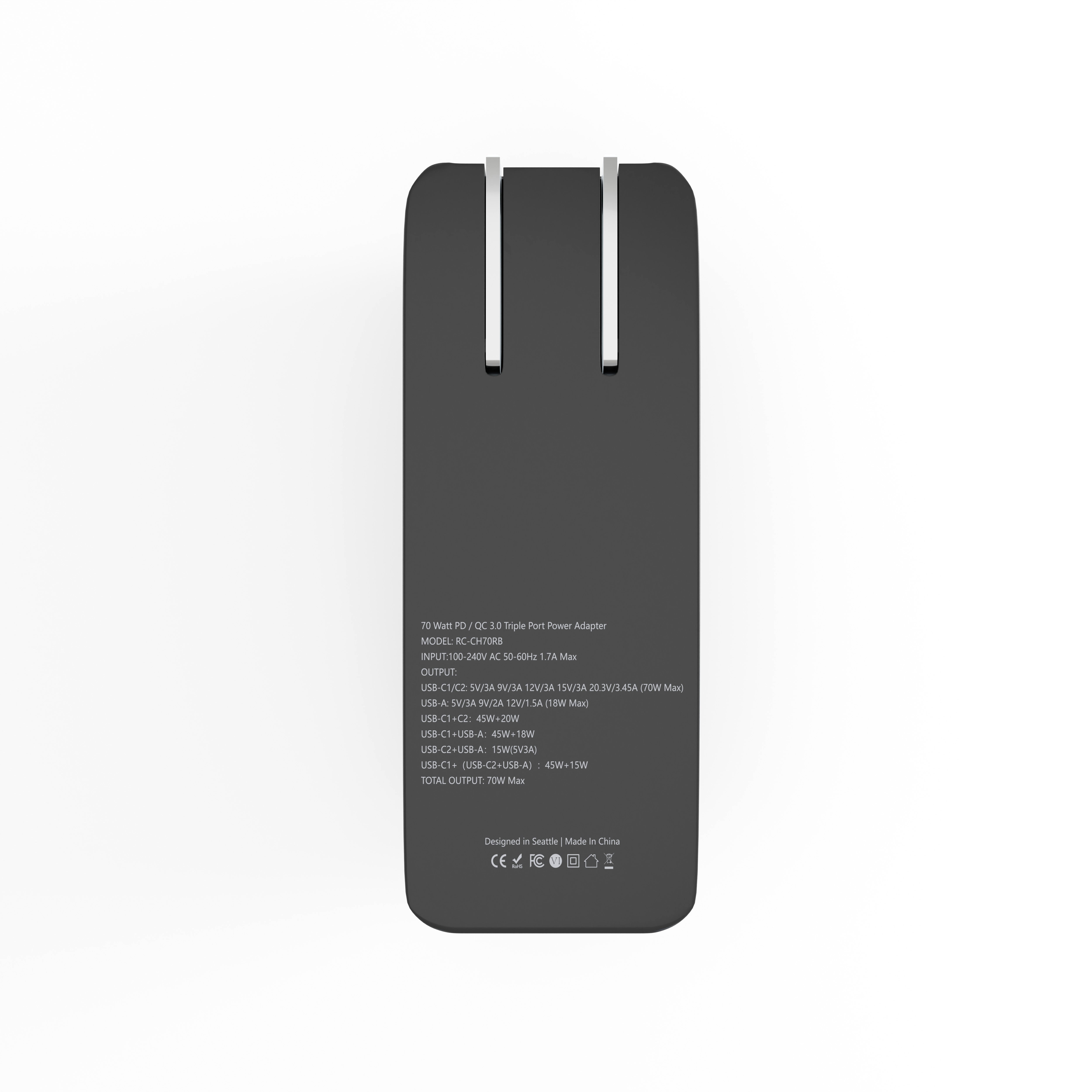 70W USB-C+C+A AVS Wall Charger w/Retractable Cable