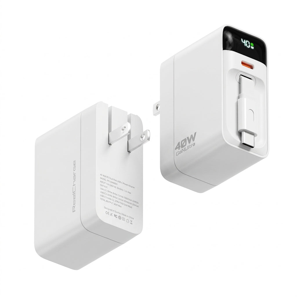 40W Wall Charger w/ Retractable USB-C Cable, LED Display, USB-C port, Folding Prongs