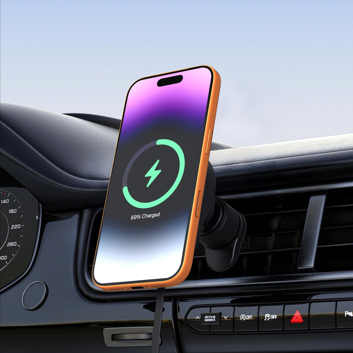 ReelCharge Vent Mounted Wireless Charger on a car dashboard vent wirelessly charging a phone