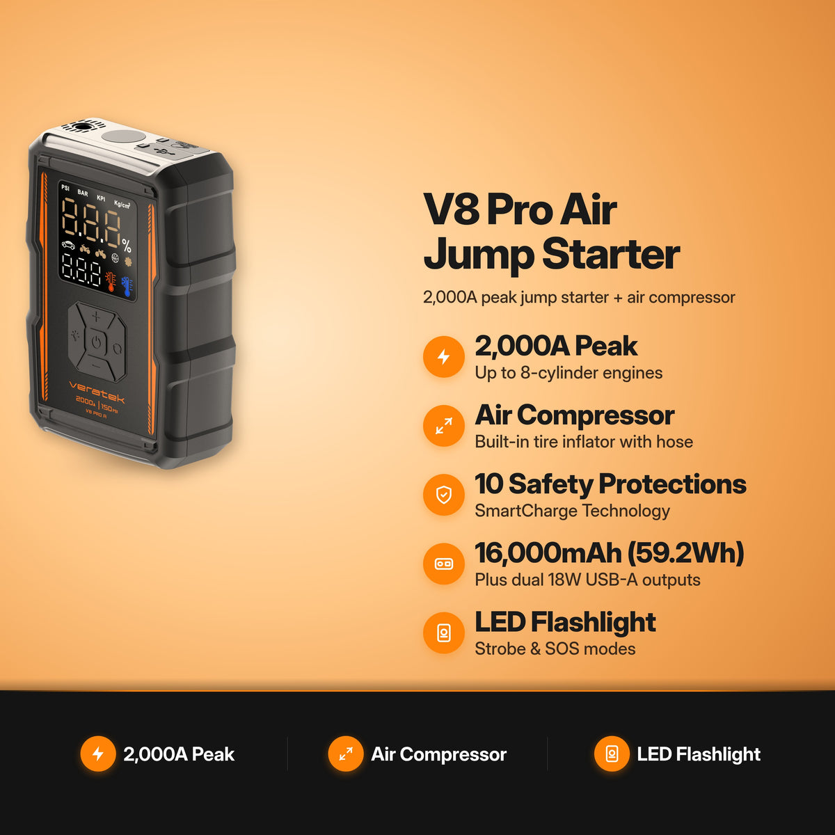 V8 Pro Air Jump Starter and Air Compressor key features
