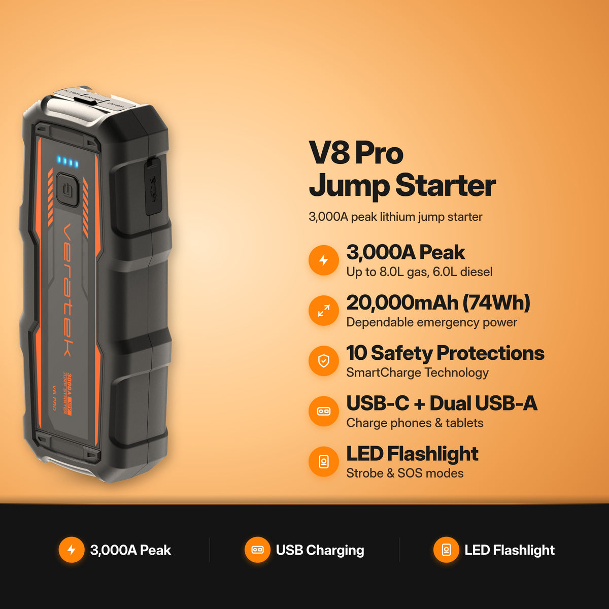 V8 Pro Jump Starter key features
