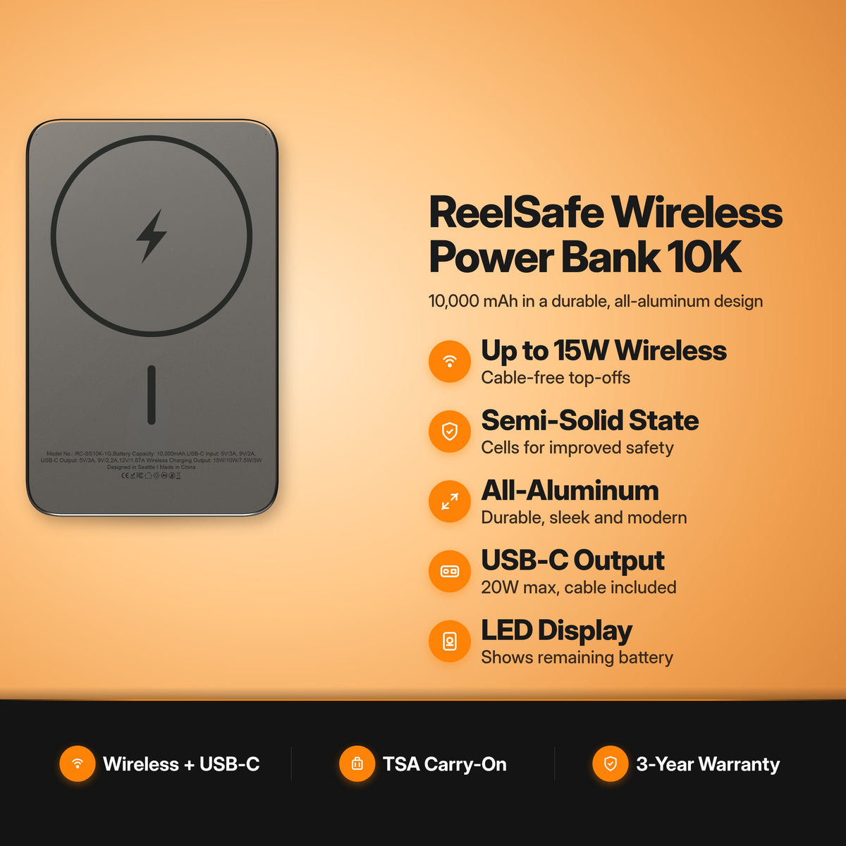 ReelCharge ReelSafe Wireless Power Bank 10K Gray key features