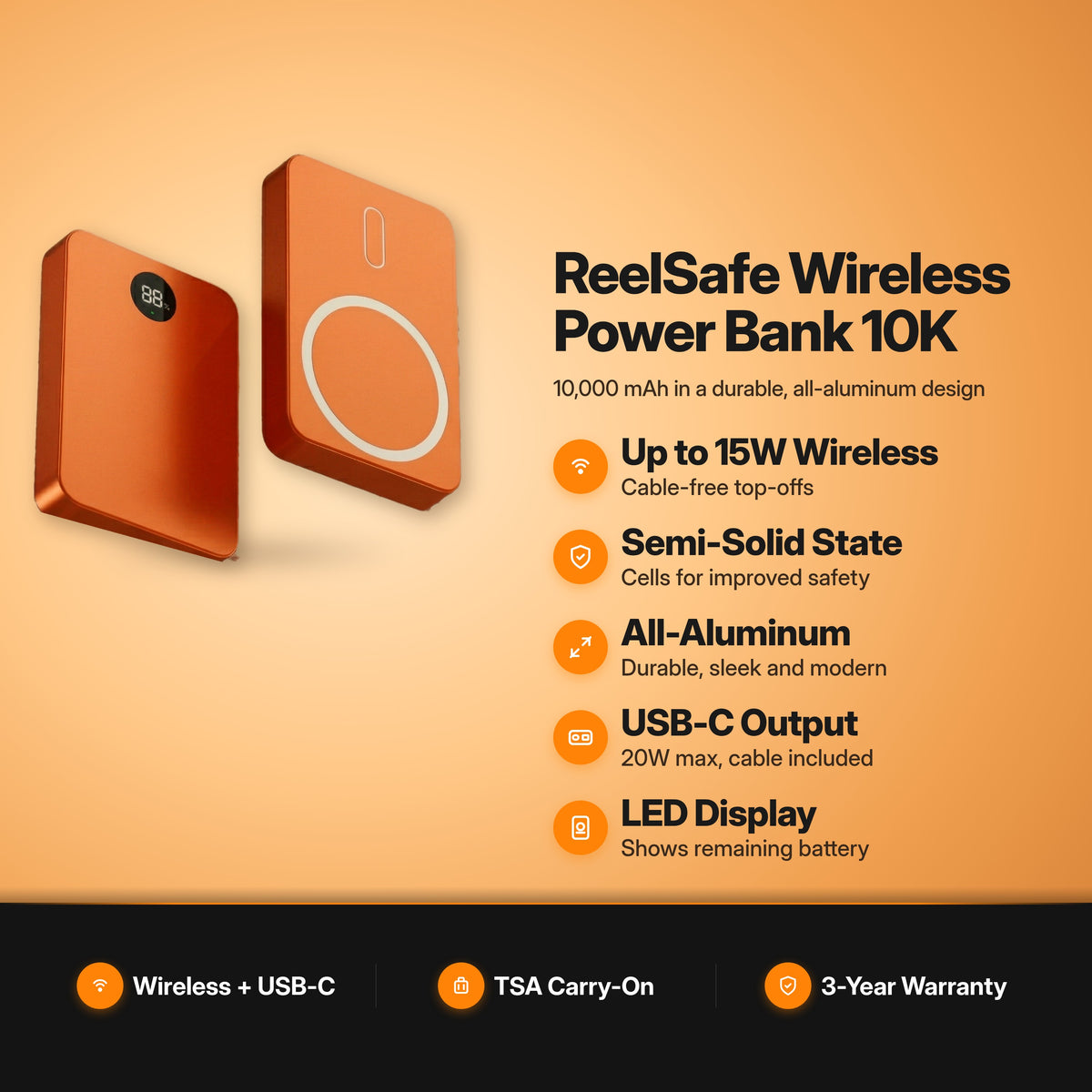 ReelCharge ReelSafe Wireless Power Bank 10K Orange key features