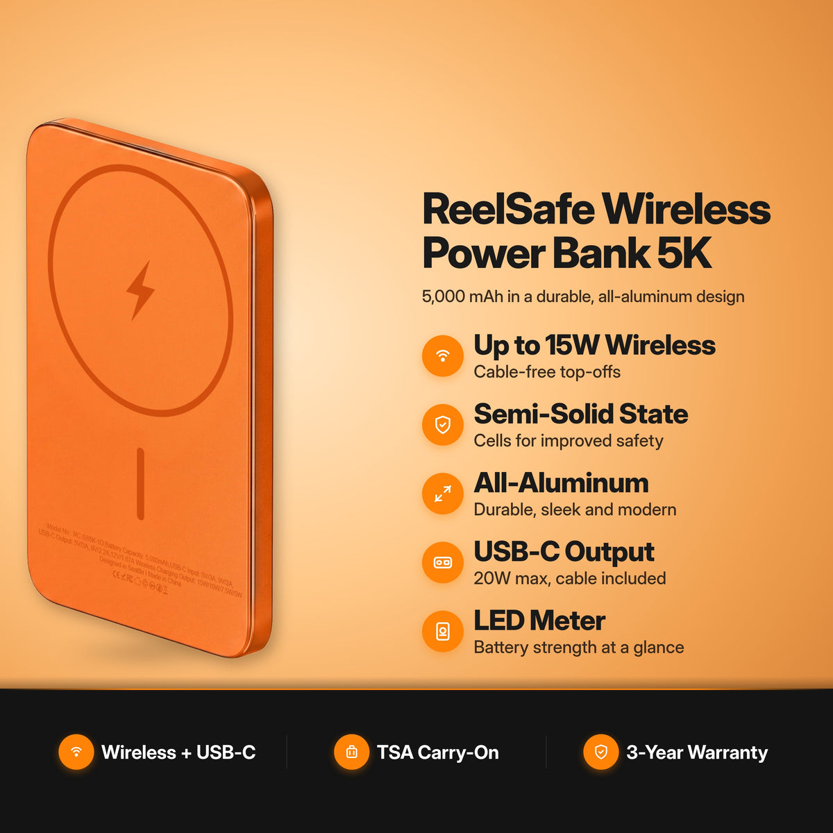 ReelCharge ReelSafe Wireless Power Bank 5K Orange key features