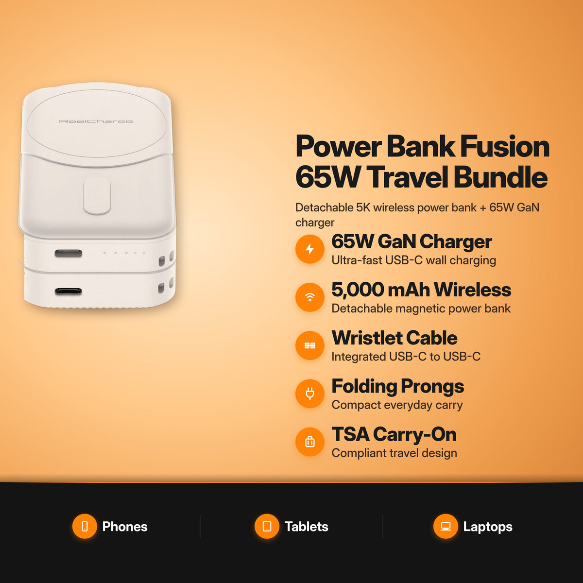 ReelCharge Power Bank Fusion 65W Travel Bundle White key features