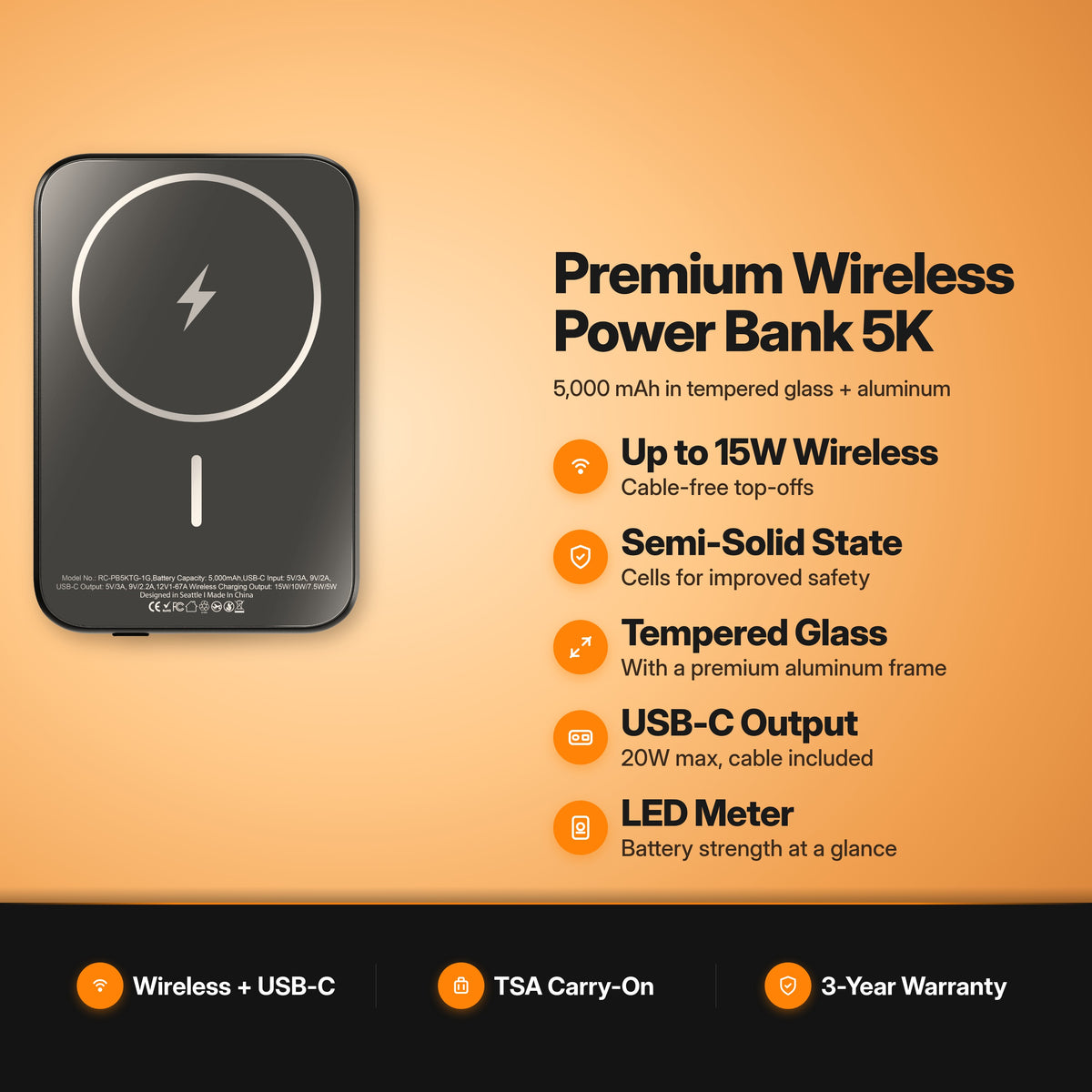 ReelCharge Premium Wireless Power Bank 5K Gray key features