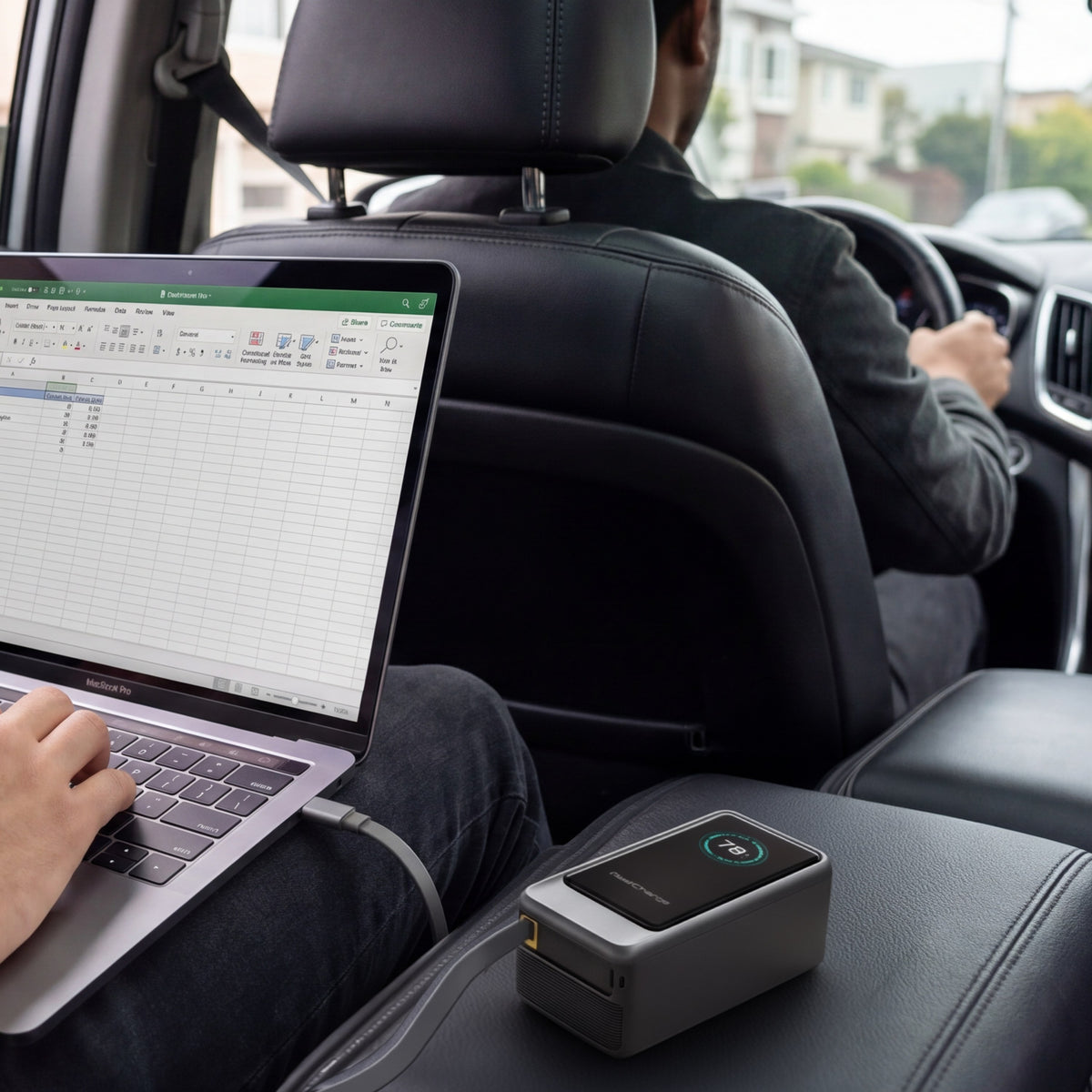 ReelCharge ReelPro 45W Power Bank charging a laptop in the back seat of a car