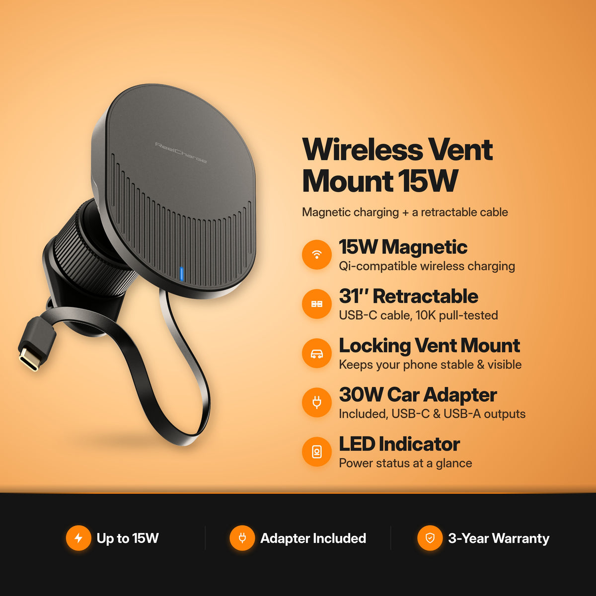 ReelCharge Wireless Vent Mount 15W key features: 15W magnetic Qi-compatible charging, 31" retractable USB-C cable, locking vent mount, 30W car adapter included, LED indicator