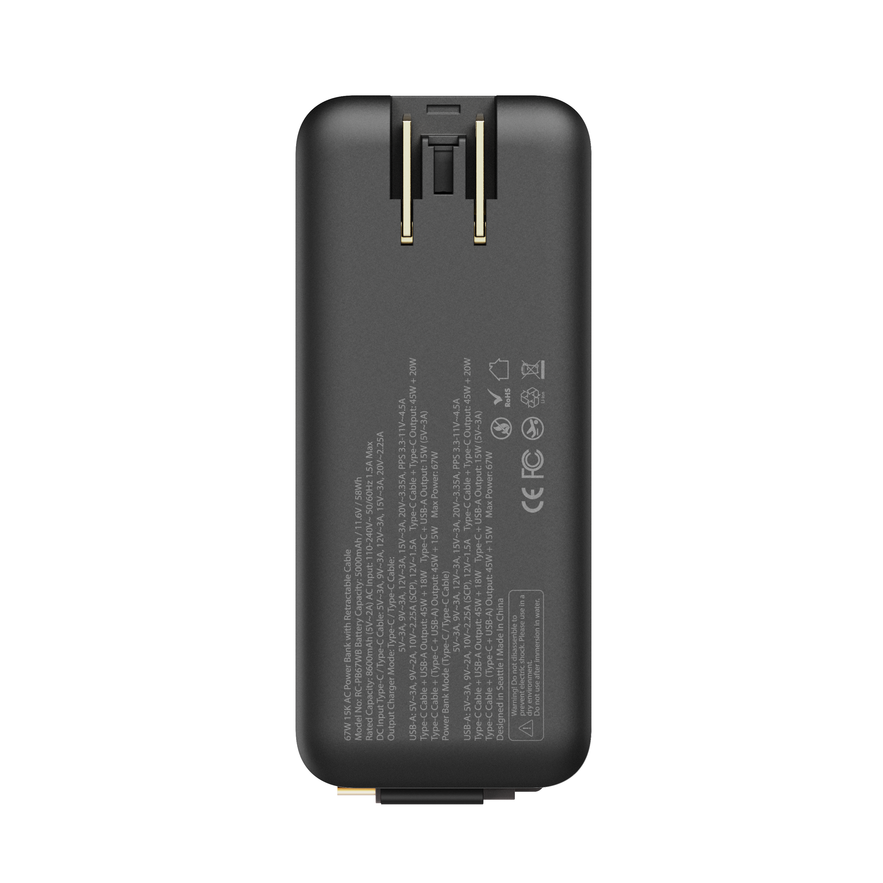 15K mAh Power Bank with Retractable Cable - 67W