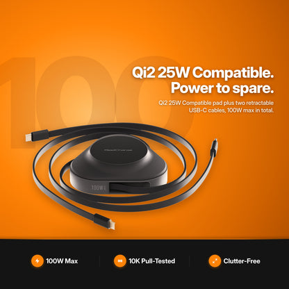 ReelCharge 3-in-1 Wireless Charger 100W PowerStation in Black: with two retractable USB-C cables, studio view
