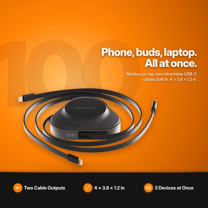 ReelCharge 3-in-1 Universal Wireless Charger 100W in Black: with two retractable USB-C cables, studio view