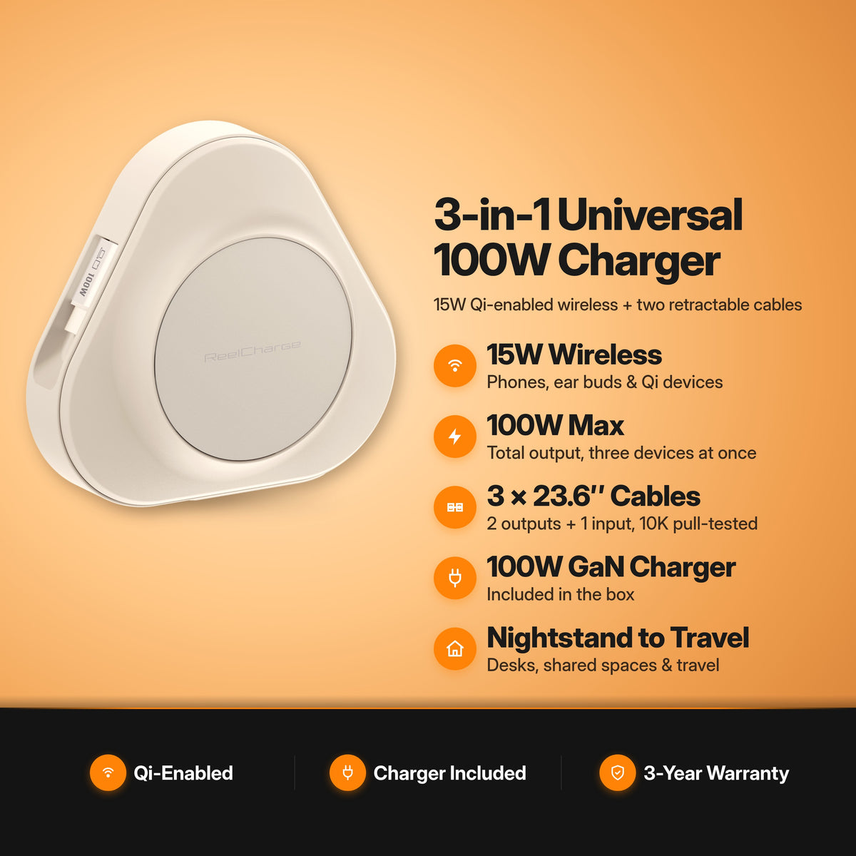 ReelCharge 3-in-1 Universal Wireless Charger 100W in White: key features infographic