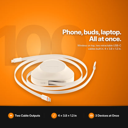 ReelCharge 3-in-1 Universal Wireless Charger 100W in White: with two retractable USB-C cables, studio view