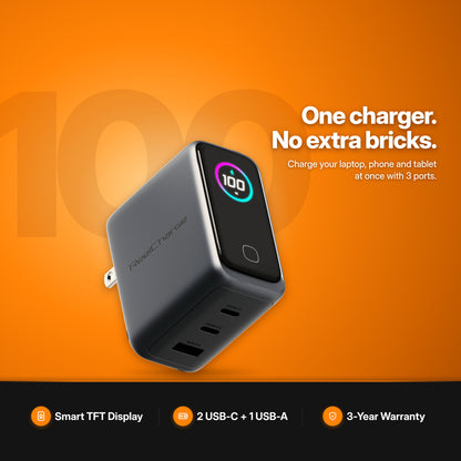 ReelCharge 100W 3-in-1 Laptop Charger studio shot — one charger, no extra bricks, charges laptop phone and tablet