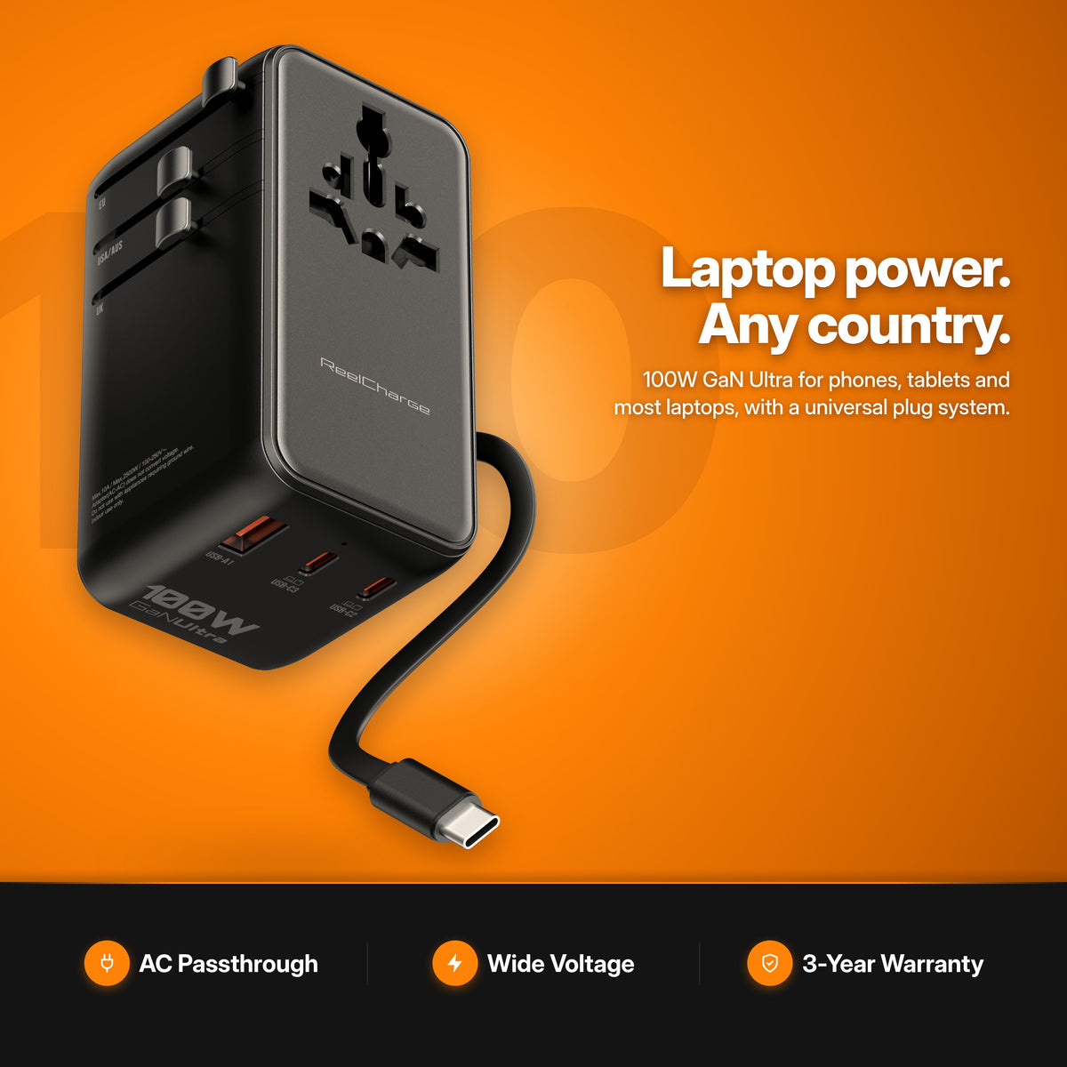 ReelCharge 100W Global Travel Charger studio shot — laptop power, any country: 100W GaN Ultra with a universal plug system