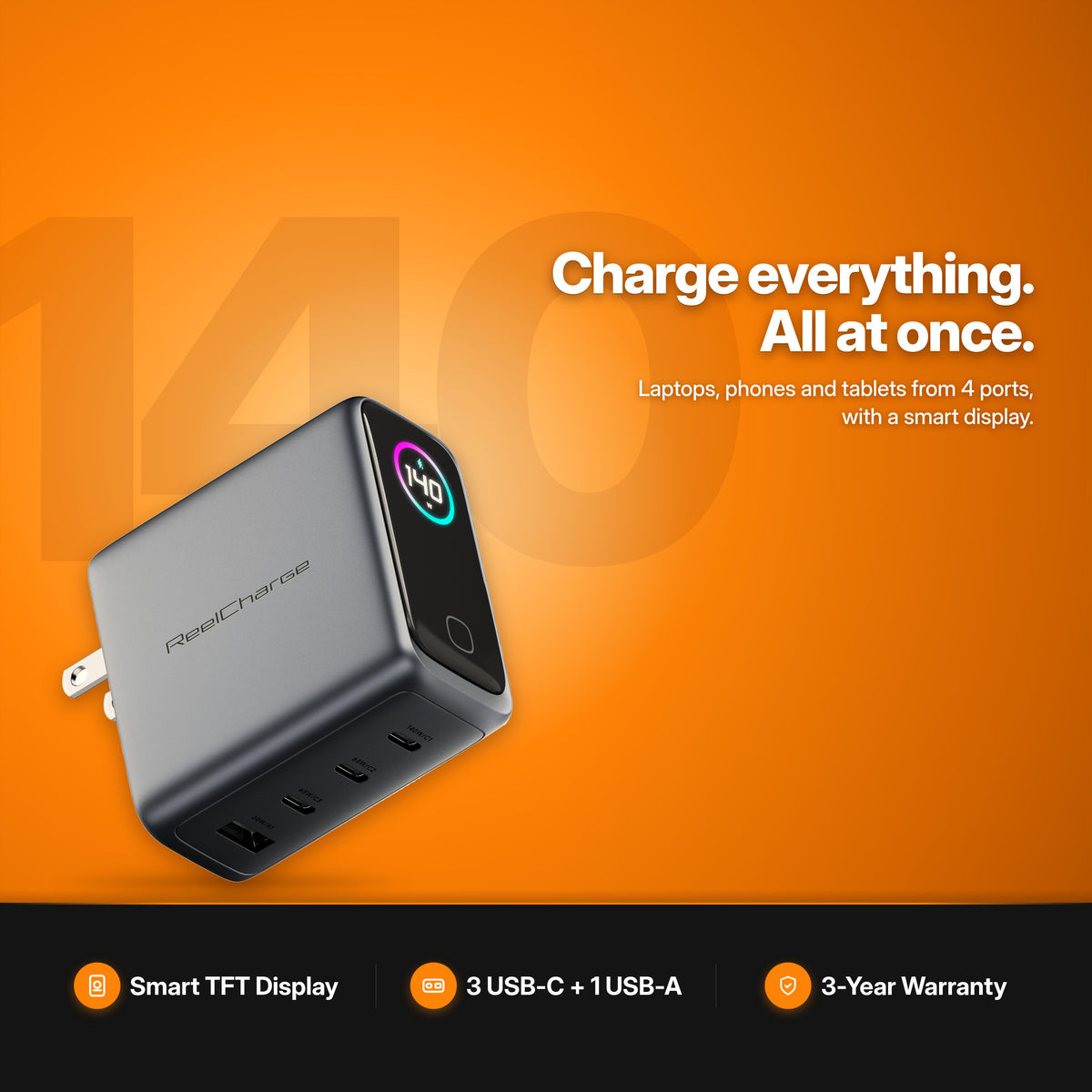 ReelCharge 140W 4-in-1 Laptop Charger studio shot — charge everything all at once from 4 ports with a smart display