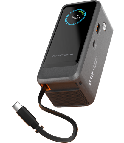 ReelPro 67W 15,000 mAh Power Bank w/ Retractable Cable, Folding prongs