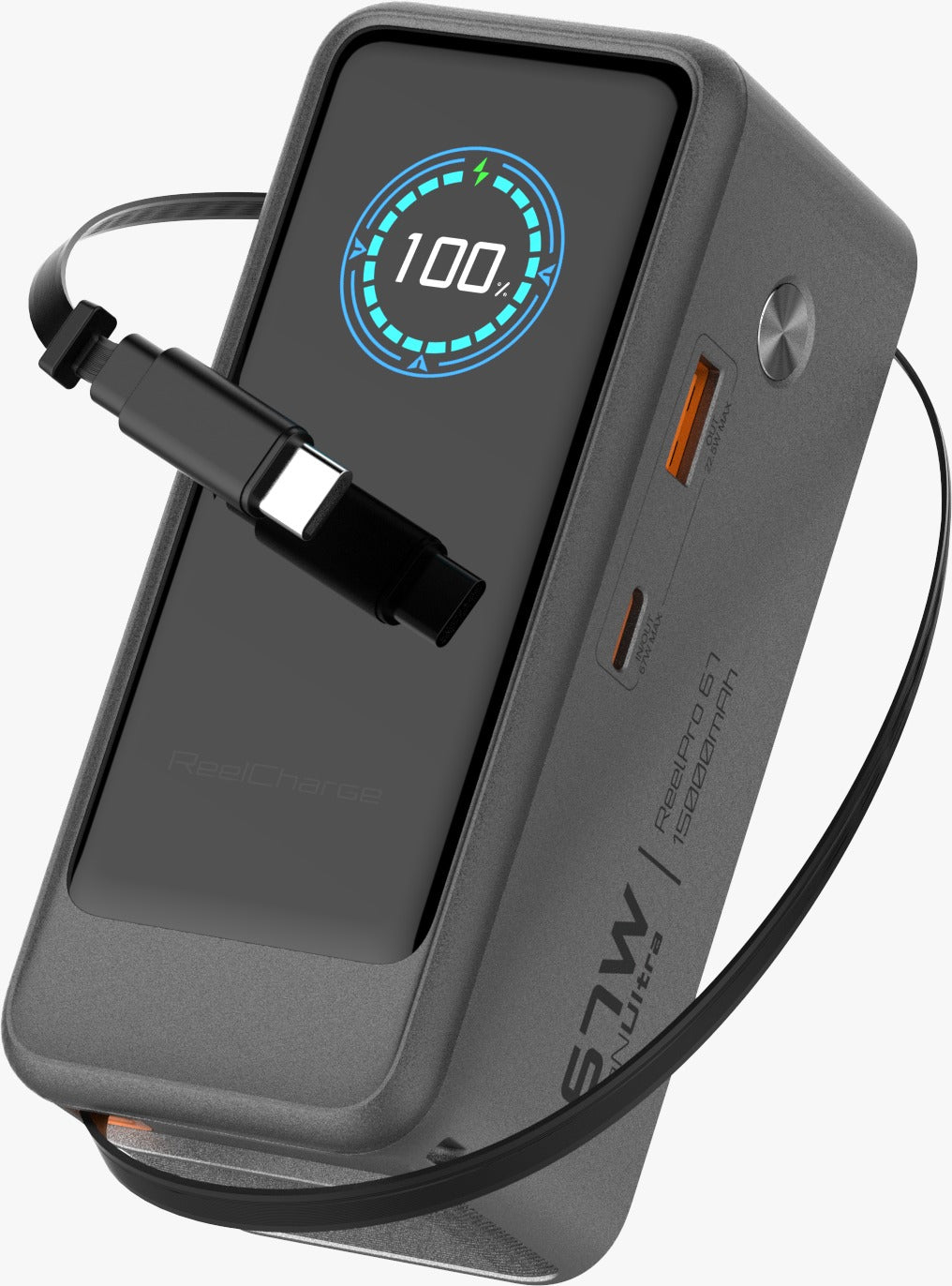 ReelPro 67W 15,000 mAh Power Bank w/ Retractable Cable, Folding prongs