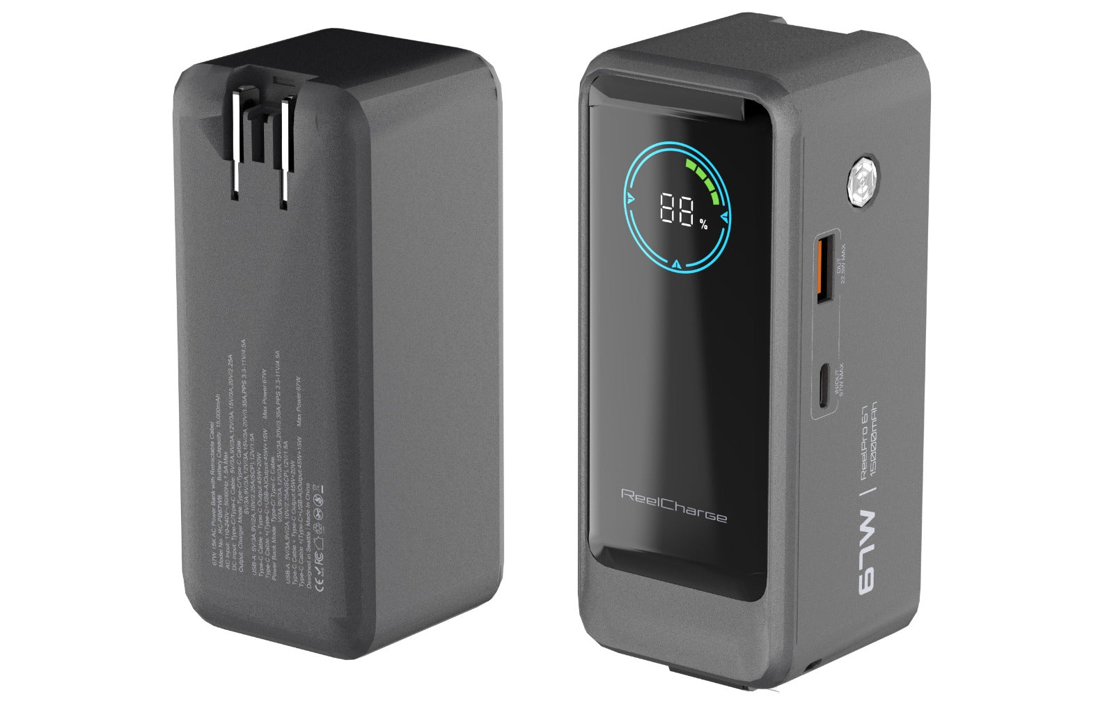 ReelPro 67W 15,000 mAh Power Bank w/ Retractable Cable, Folding prongs