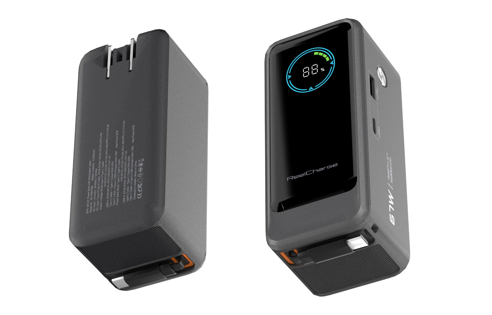 ReelPro 67W 15,000 mAh Power Bank w/ Retractable Cable, Folding prongs