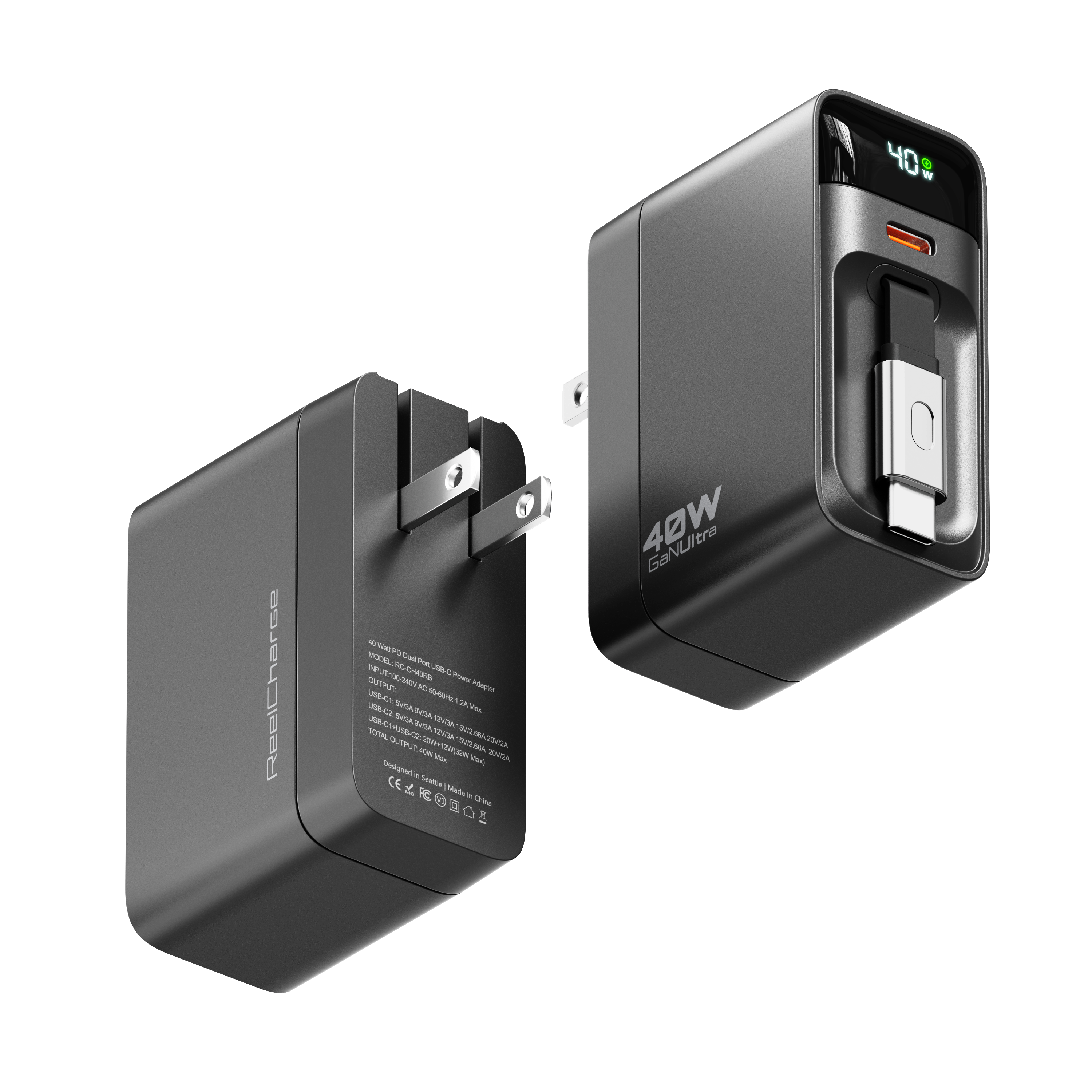 40W Wall Charger w/ Retractable USB-C Cable, LED Display, USB-C port, Folding Prongs