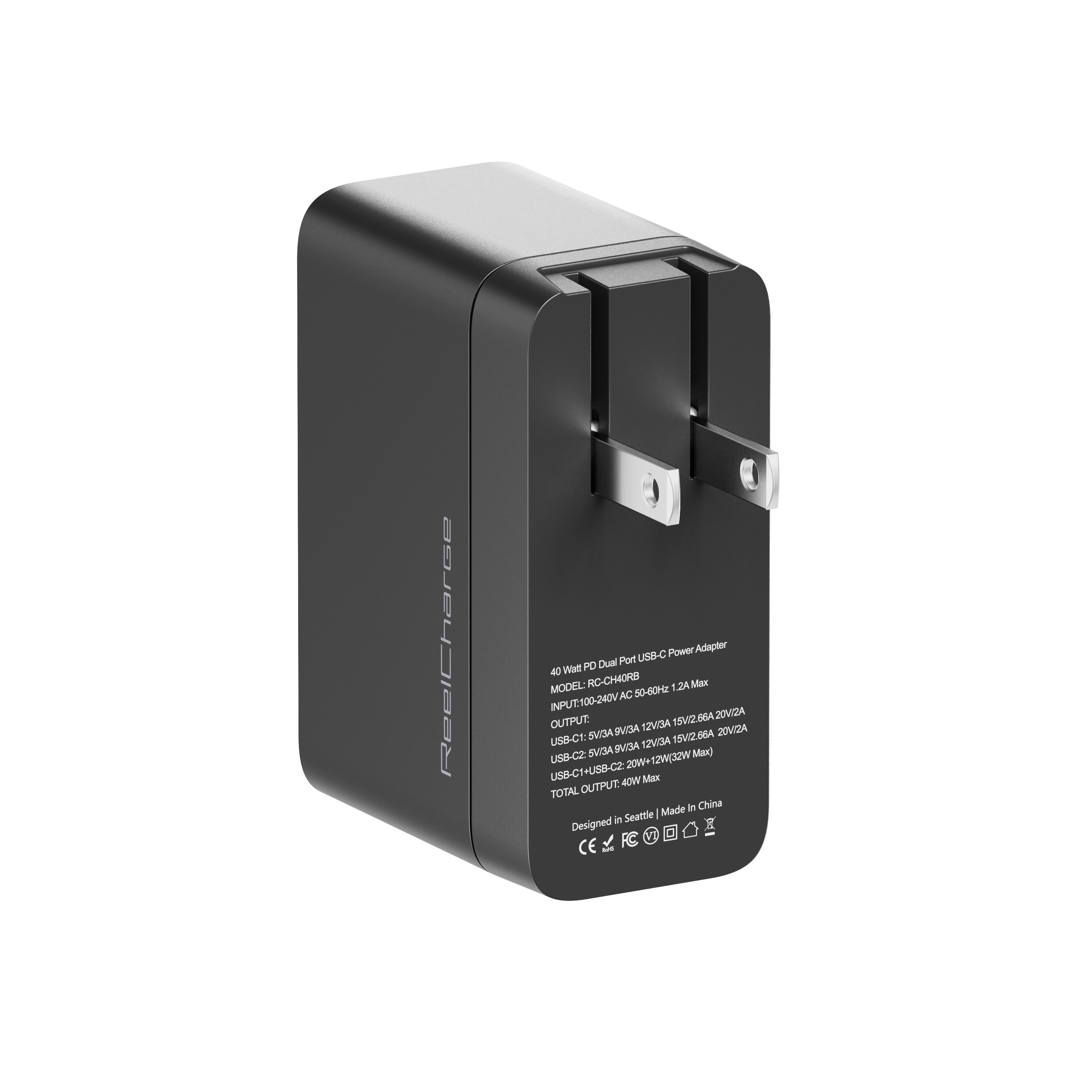 40W Wall Charger w/ Retractable USB-C Cable, LED Display, USB-C port, Folding Prongs