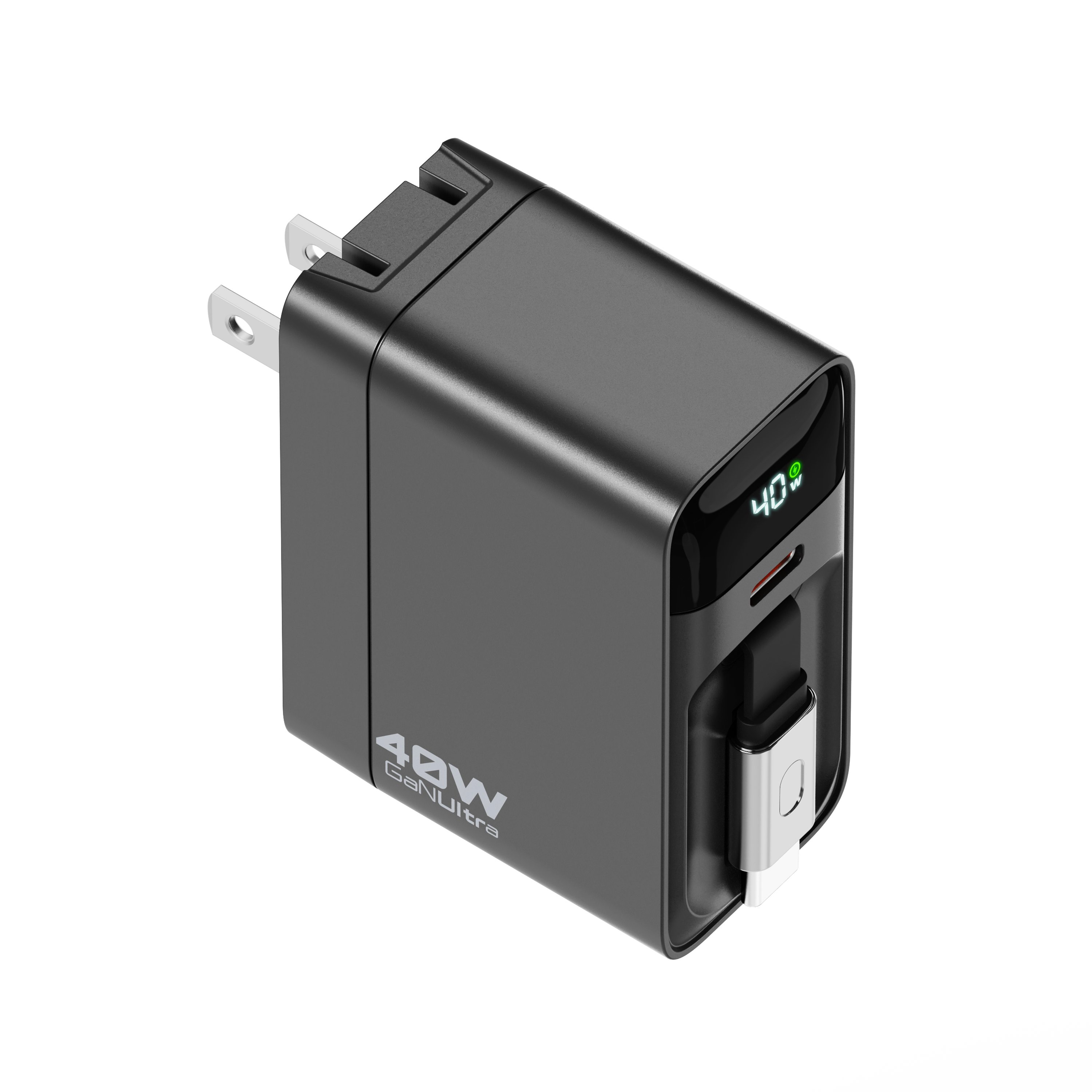 40W Wall Charger w/ Retractable USB-C Cable, LED Display, USB-C port, Folding Prongs