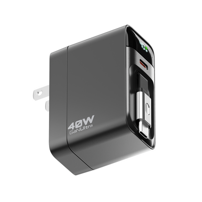 40W Wall Charger w/ Retractable USB-C Cable, LED Display, USB-C port, Folding Prongs