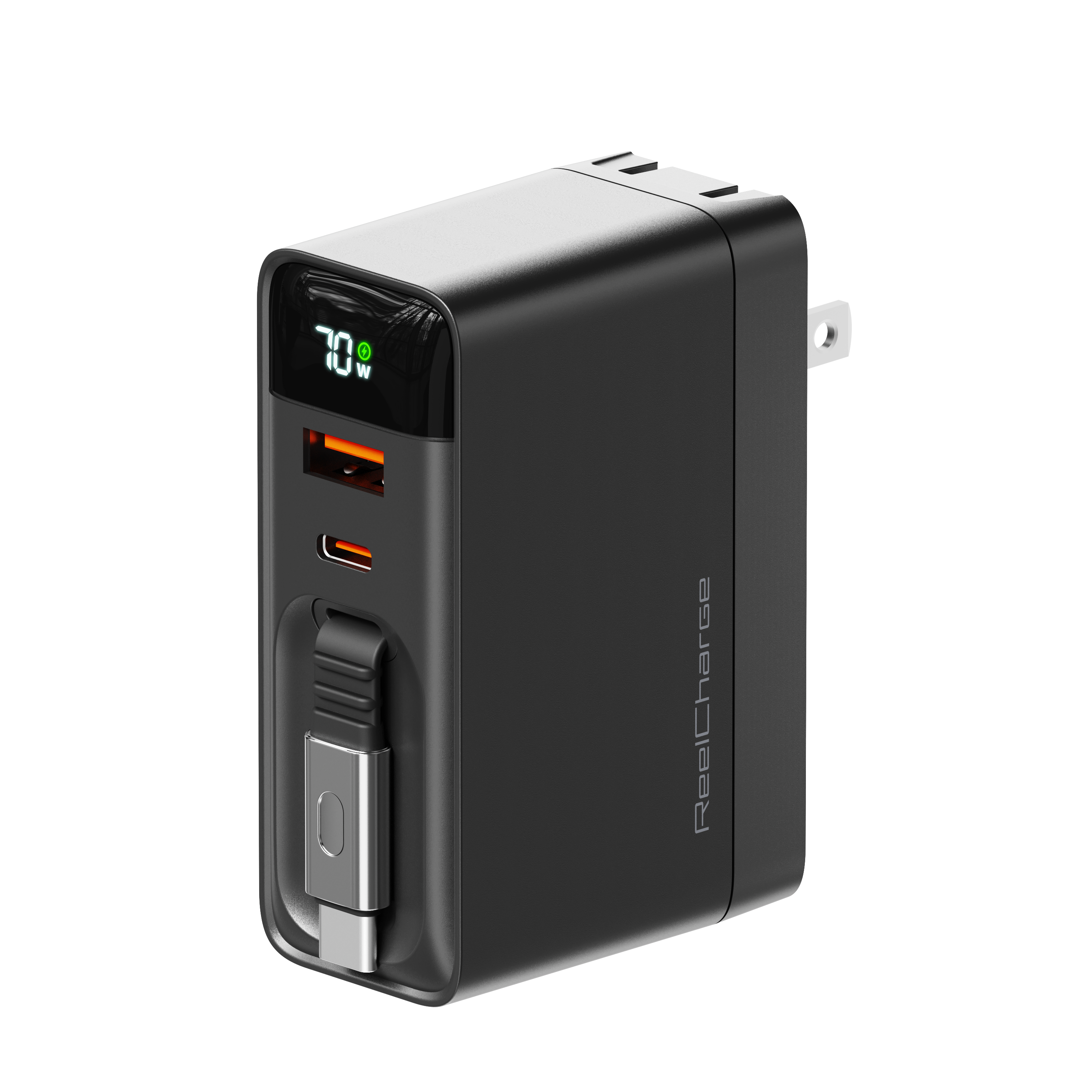 70W Wall Charger w/ Retractable USB-C Cable, LED Display, Folding Wall Prongs & USB-A & C ports